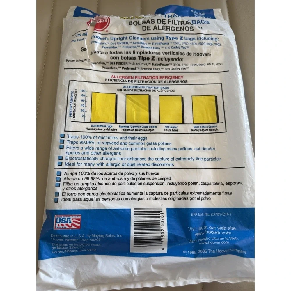 Genuine Hoover Type Z Upright Cleaner Bags Allergen Filter 2 Pack 4010100Z